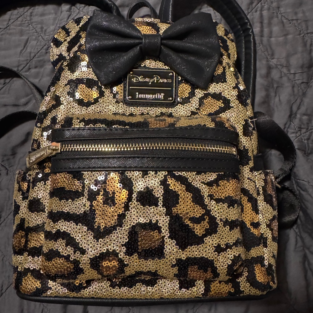 Loungefly Disney Parks Gold and Black Leopard Sequin Backpack